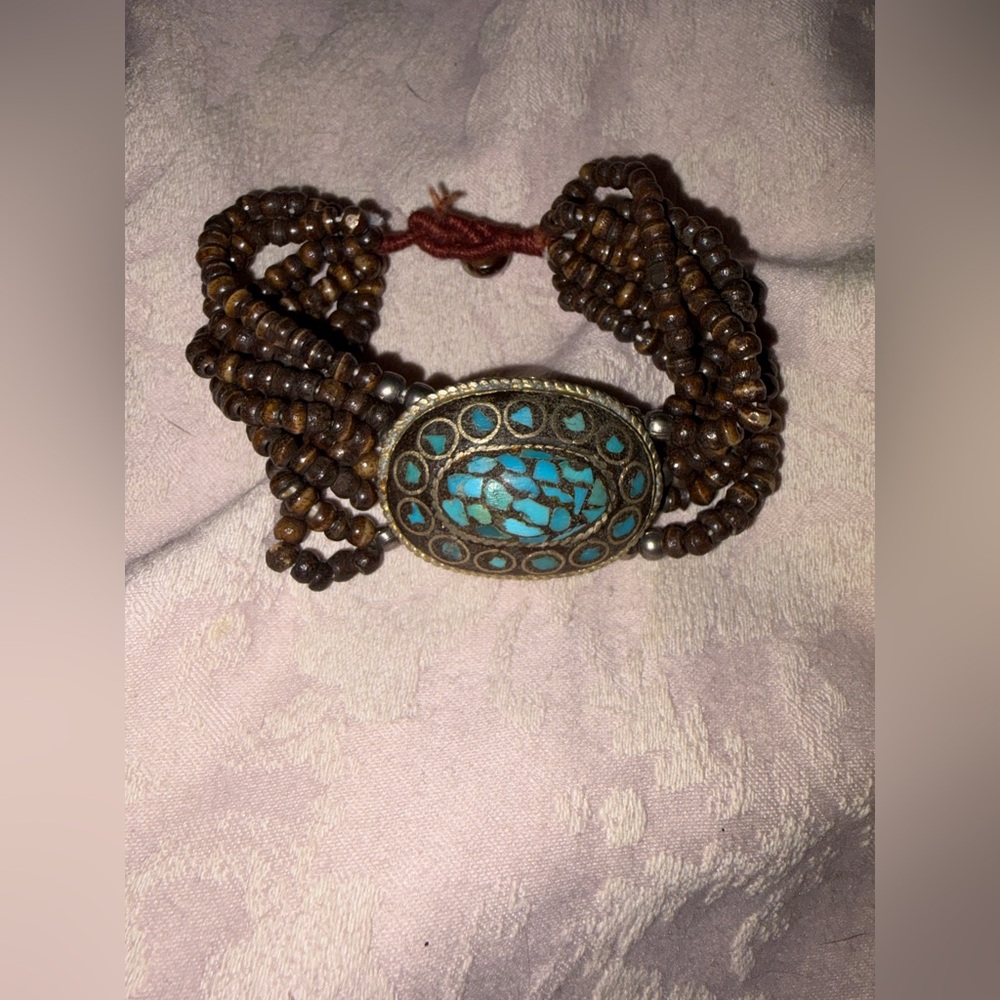 Wood Beaded Boho Bracelet with Turquoise-Style Center | Fixed Size | Pre-Owned